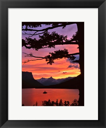 Framed St Mary Lake And Wild Goose Island At Sunset Print