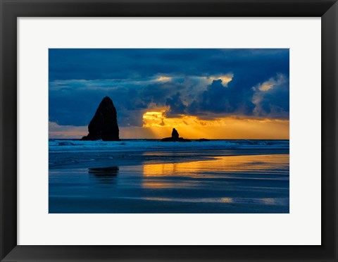 Framed Sunset On Needles Seastack Of Cannon Beach, Oregon Print
