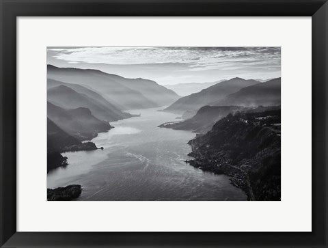 Framed Aerial Landscape Of The Columbia Gorge, Oregon (BW) Print