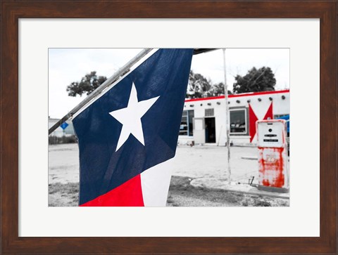 Framed Flag At An Antique Gas Station, Texas Print