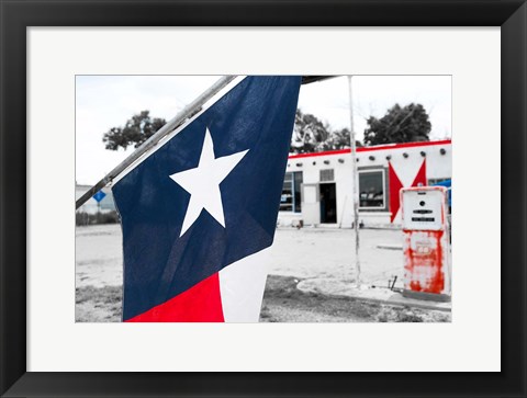 Framed Flag At An Antique Gas Station, Texas Print