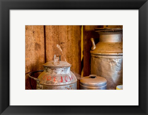 Framed Old Milk Containers From A Dairy Farm Print