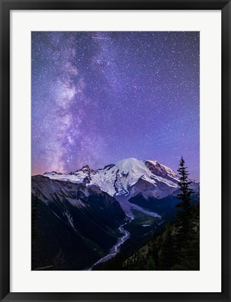 Framed White River Valley Looking Toward Mt Rainier On A Starlit Night Print