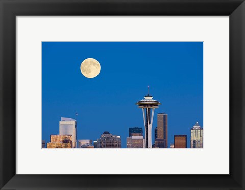 Framed Seattle Skyline View With Full Moon Print
