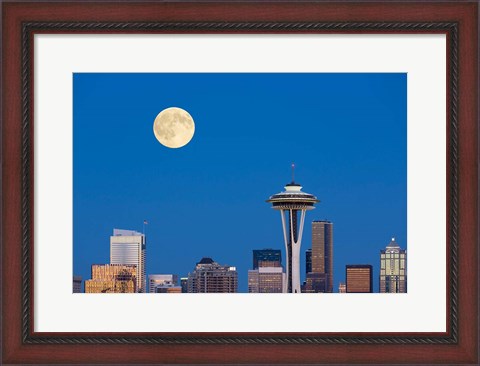 Framed Seattle Skyline View With Full Moon Print