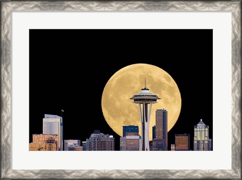 Framed Large Full Moon Behind The Seattle Space Needle Print