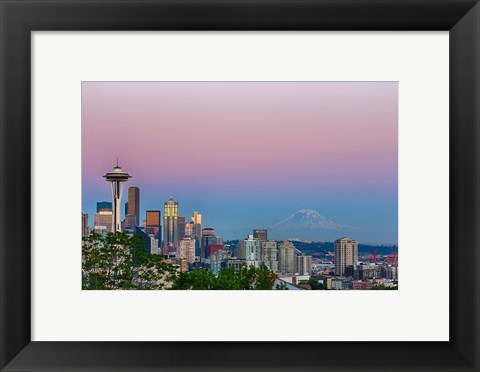 Framed Skyline View Of Seattle With Mount Rainier Print