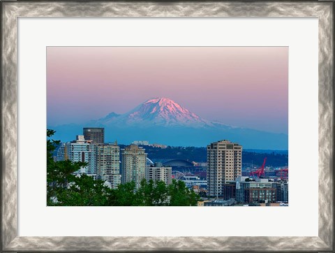 Framed Mount Rainier Behind The Seattle Skyline Print