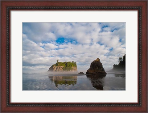 Framed Early Morning Mist And Reflections Of Sea Stacks On Ruby Beach Print