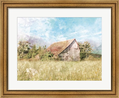 Framed Spring Green Meadow by the Old Barn Print