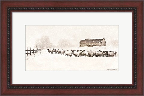 Framed Warm Winter Barn with Sheep Herd Print