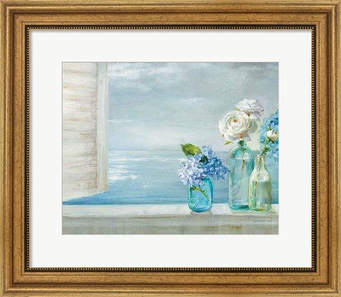 Framed Beautiful Day At the Beach - 3 Glass Bottles Print