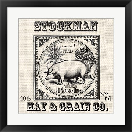 Framed Farmhouse Grain Sack Label Pig Print