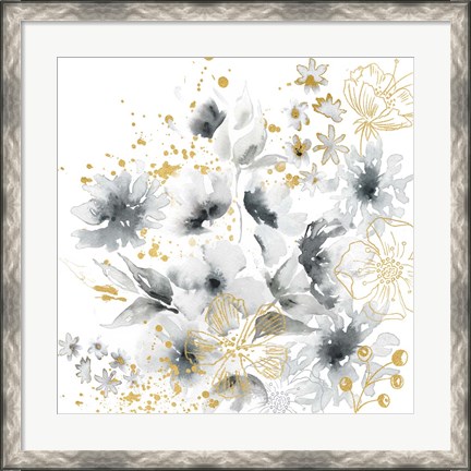 Framed Watercolor Gray and Gold Floral Print