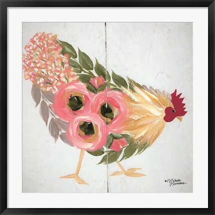 Framed Floral Hen on White Print