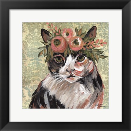 Framed Cat with Floral Crown Print