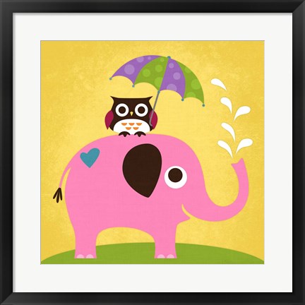 Framed Elephant and Owl with Umbrella Print