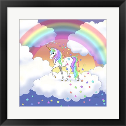 Framed Rainbow unicorn and falling stars Print