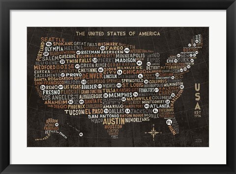 Framed US City Map Black Print