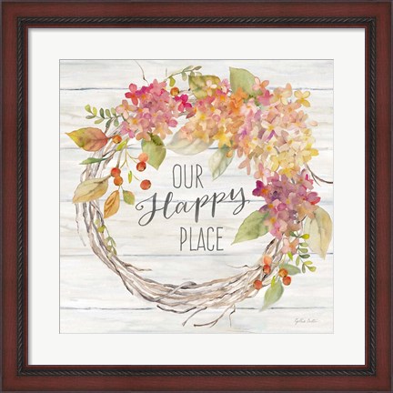 Framed Farmhouse Hydrangea Wreath Spice II Happy Place Print