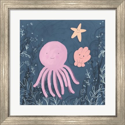 Framed Mermaid and Octopus Navy II Print