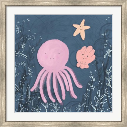 Framed Mermaid and Octopus Navy II Print