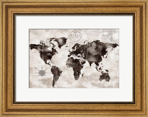 Framed Rustic World Map Black and White Print