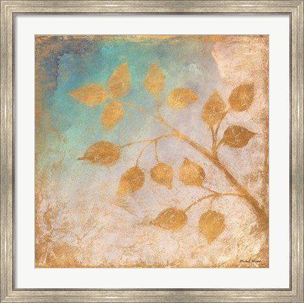 Framed Gold Leaves on Blues II Print