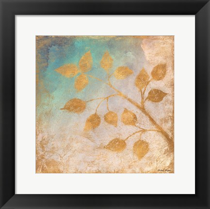 Framed Gold Leaves on Blues II Print