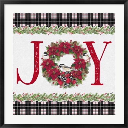 Framed Chickadee Christmas Red I Joy Print