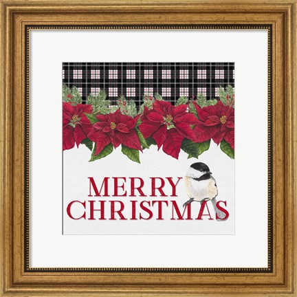 Framed Chickadee Christmas Red II Merry Christmas Print
