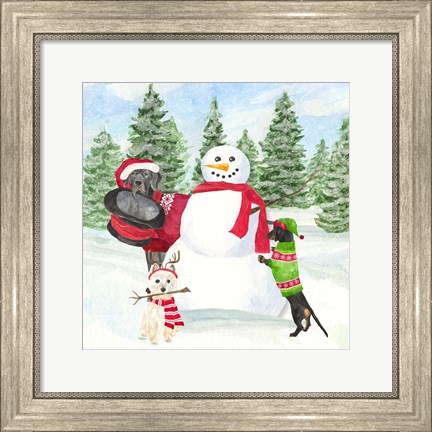 Framed Dog Days of Christmas I Building Snowman Print