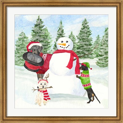 Framed Dog Days of Christmas I Building Snowman Print