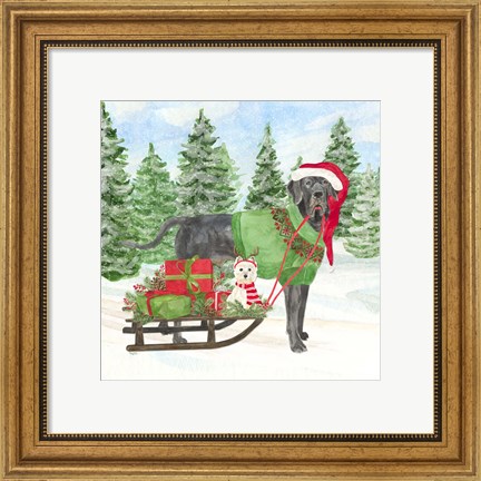 Framed Dog Days of Christmas II Sled with Gifts Print