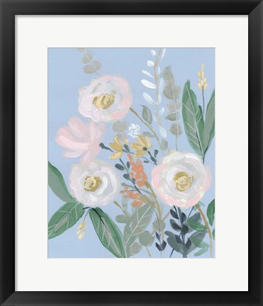 Framed Spring Bouquet on Blue I Print