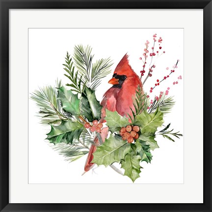 Framed Cardinal Holly Christmas I Print