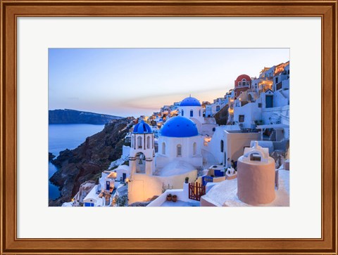 Framed Greece, Santorini, Oia Sunset On Coastal Town Print