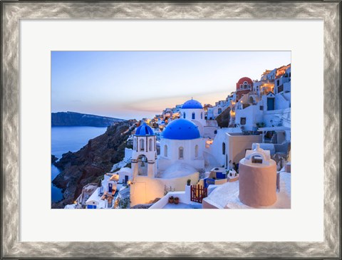 Framed Greece, Santorini, Oia Sunset On Coastal Town Print