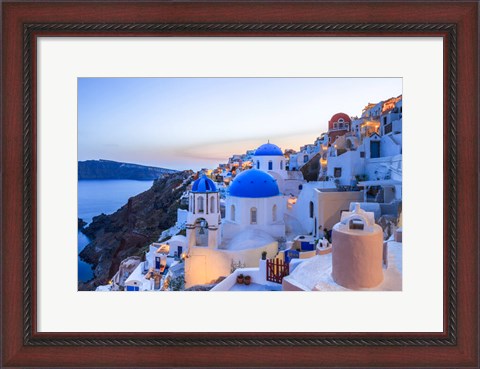 Framed Greece, Santorini, Oia Sunset On Coastal Town Print