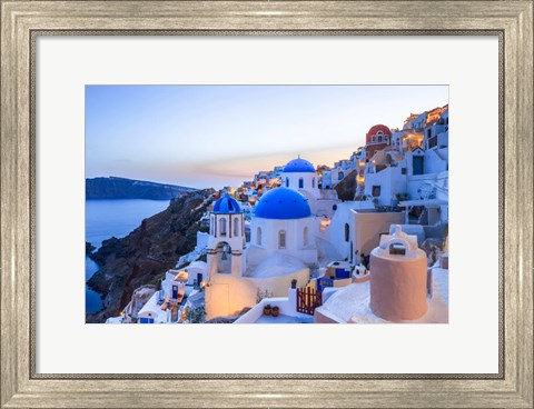 Framed Greece, Santorini, Oia Sunset On Coastal Town Print