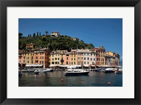 Framed Italy, Province Of Genoa, Portofino, Fishing Village On The Ligurian Sea, Pastel Buildings Overlooking Harbor Print