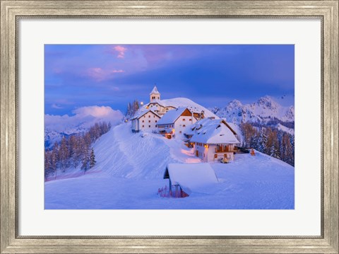 Framed Italy, Monte Lussari Winter Night At Ski Resort Print