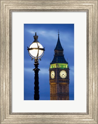 Framed Europe, Great Britain, London, Big Ben Clock Tower Lamp Post Print
