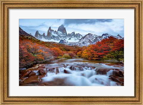 Framed Argentina, Los Glaciares National Park Mt Fitz Roy And Lenga Beech Trees In Fall Print