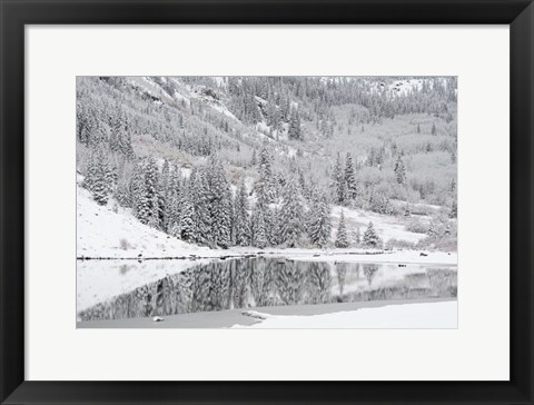 Framed Colorado, Maroon Bells State Park, Autumn Snowfall On Mountain And Maroon Lake Print