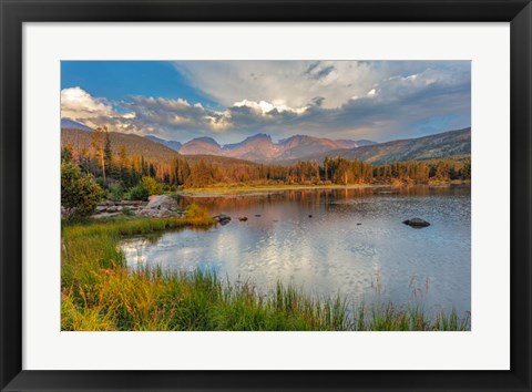 Framed Sunrise On Hallett Peak And Flattop Mountain Above Sprague Lake, Rocky Mountain National Park, Colorado Print