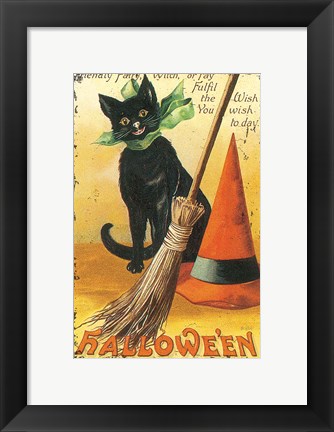 Framed Halloween Nostalgia Cat with Broom Print
