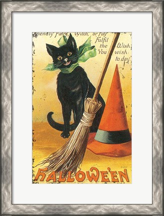Framed Halloween Nostalgia Cat with Broom Print