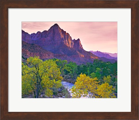 Framed Utah, Zion National Park The Watchman Formation And The Virgin River In Autumn Print