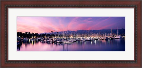 Framed Boats Moored In Harbor At Sunset, Santa Barbara Harbor, California Print